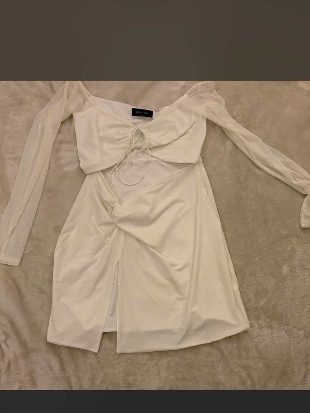 White Fox Boutique Ivory Sheer-Sleeve Tie-Front Mini Dress